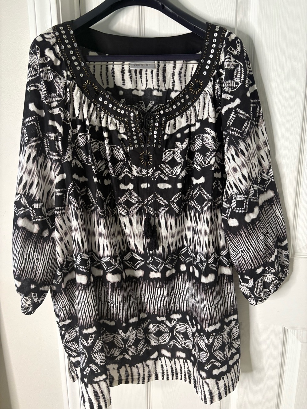 Avenue 100% Cotton Black and White Geometric Aztec Beaded Tunic Boho Top Blouse